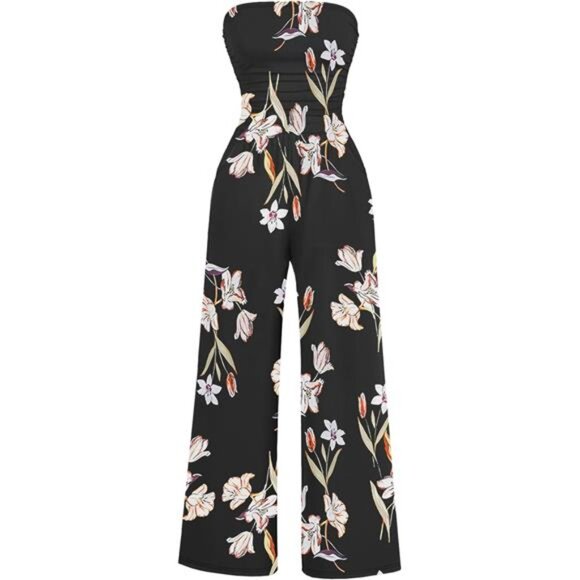 Women's Casual Summer Strapless Jumpsuits Black Print - Picture 1 of 5